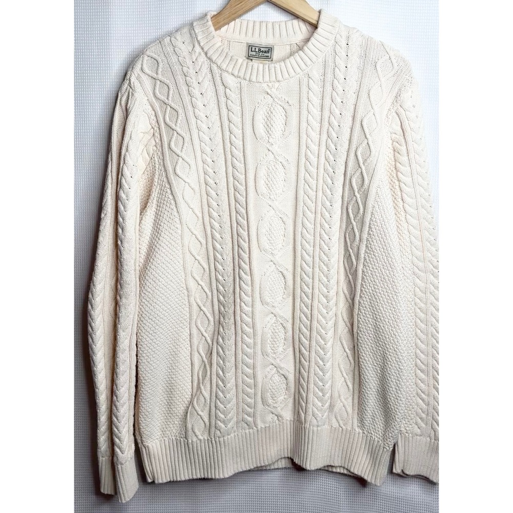 LL Bean Mens Large Tall Organic Cotton Cable Knit Fisherman Sweater Cream 515583